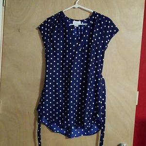 Navy and white polka dot maternity top